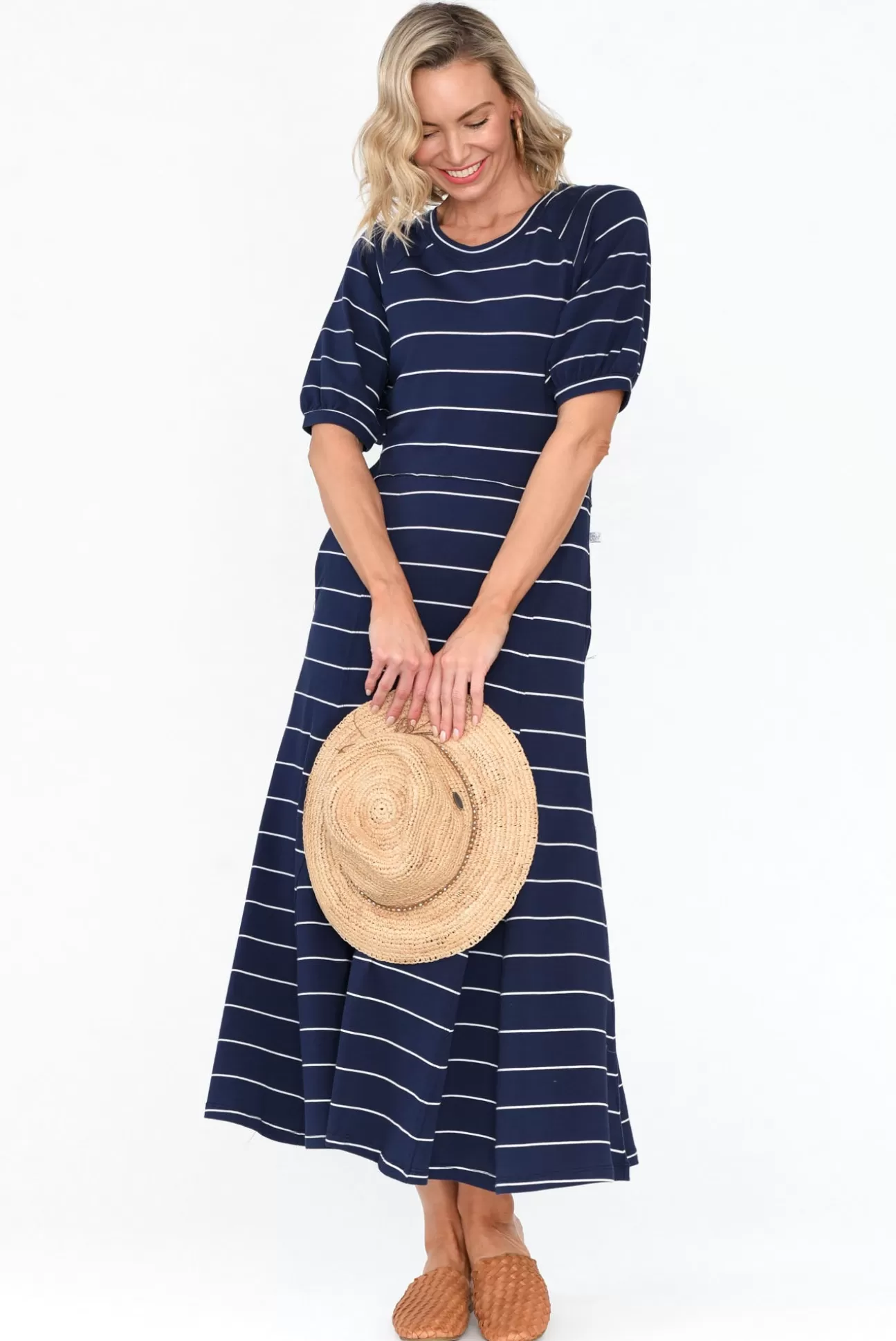 One Ten Willow Colorado Navy Pinstripe Cotton Maxi Dress Discount