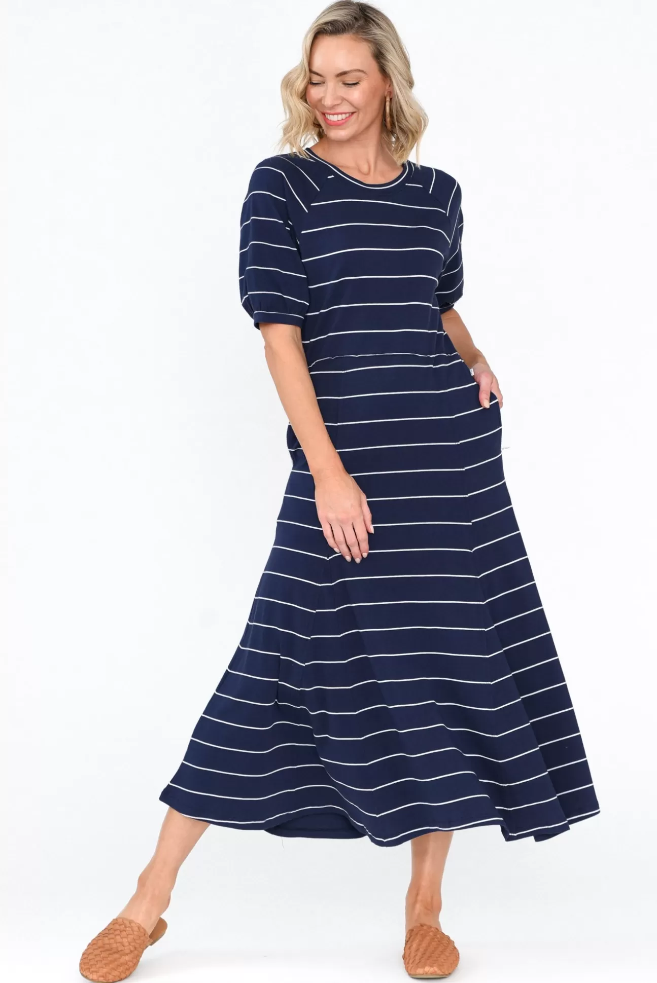 One Ten Willow Colorado Navy Pinstripe Cotton Maxi Dress Discount