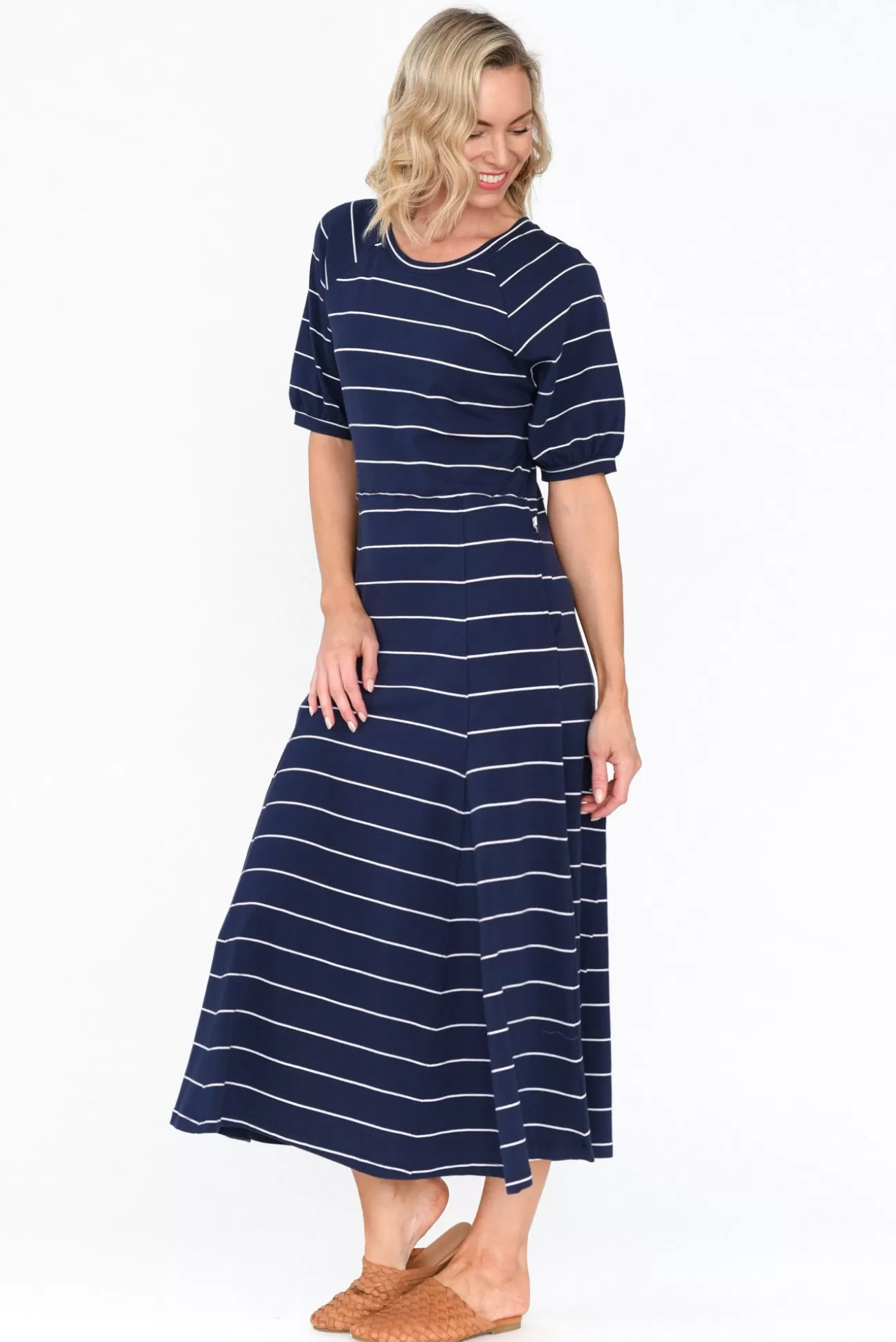 One Ten Willow Colorado Navy Pinstripe Cotton Maxi Dress Discount