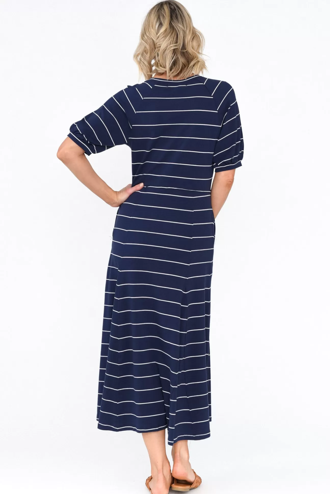 One Ten Willow Colorado Navy Pinstripe Cotton Maxi Dress Discount