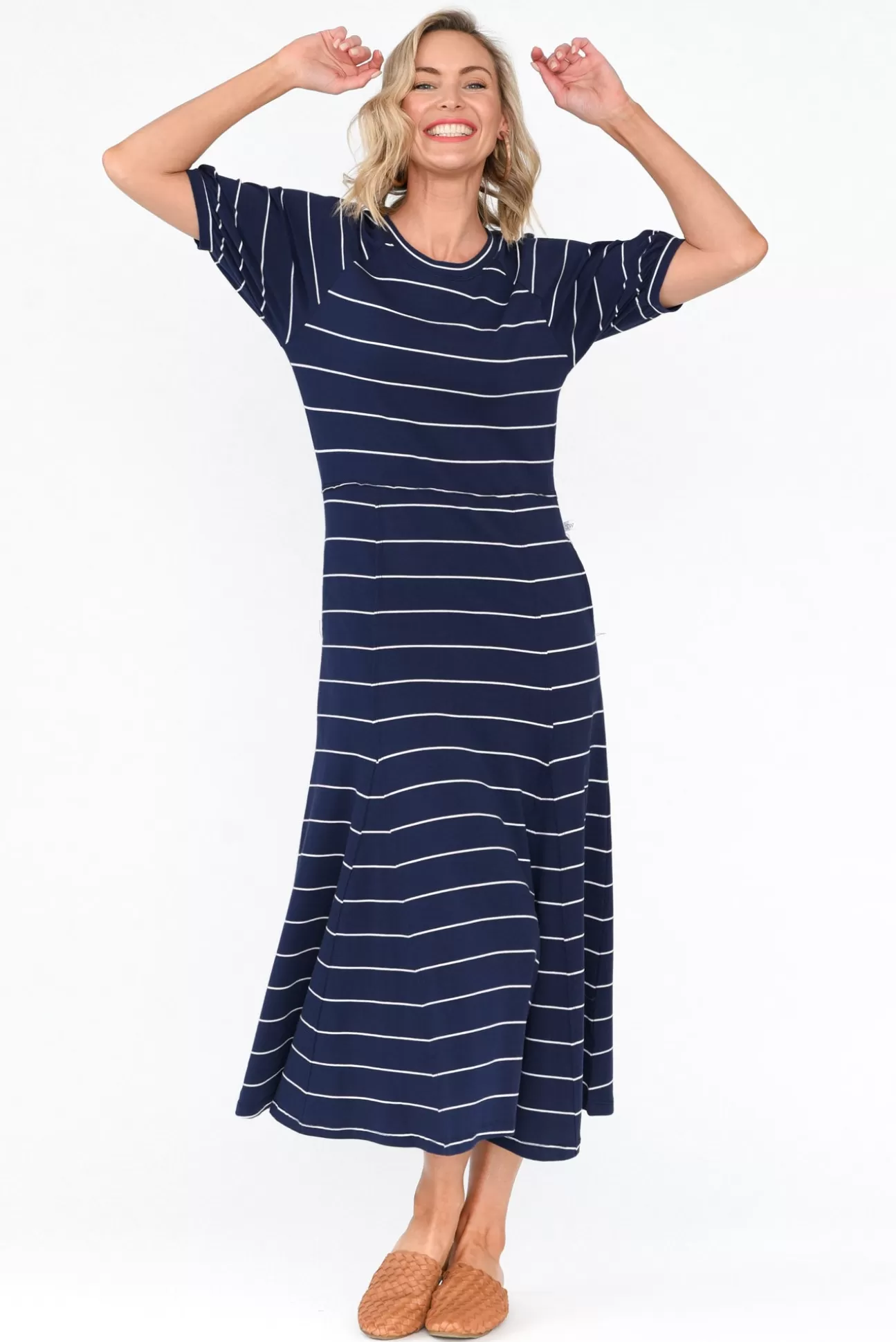 One Ten Willow Colorado Navy Pinstripe Cotton Maxi Dress Discount