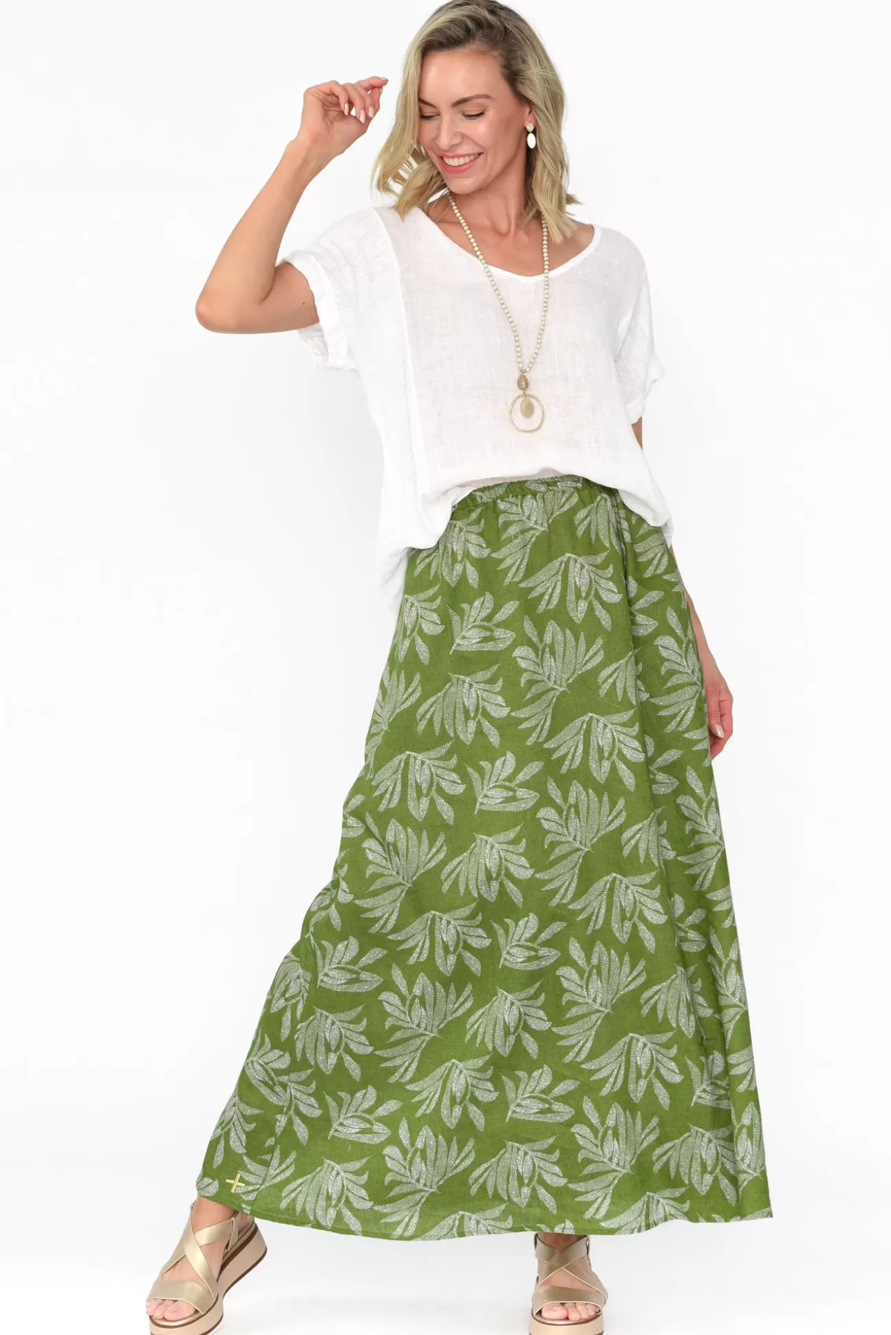 Stella Gemma Giana Green Palm Linen Maxi Skirt Outlet