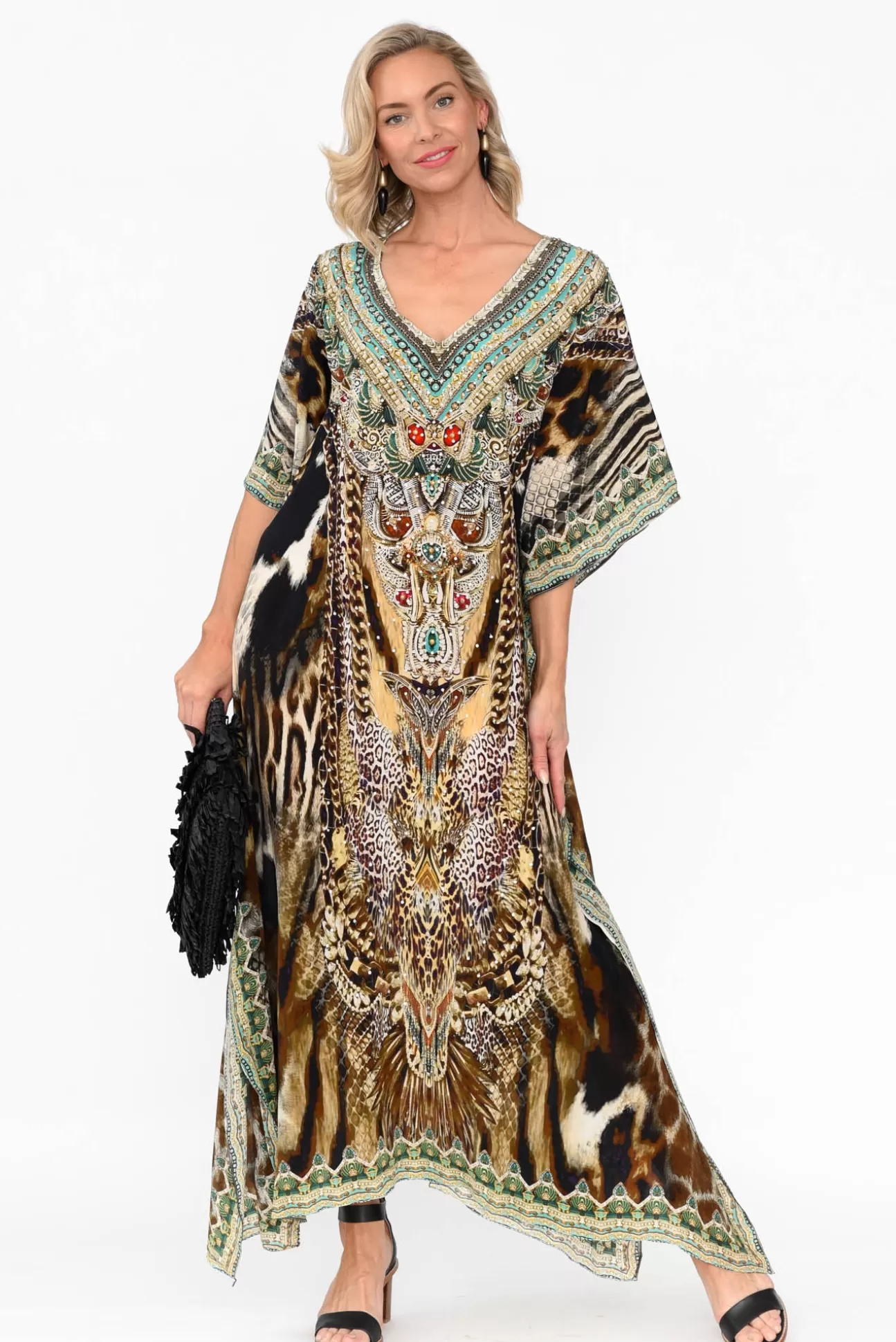 Fashion Spectrum Tiger Brown Silk Maxi Kaftan Clearance